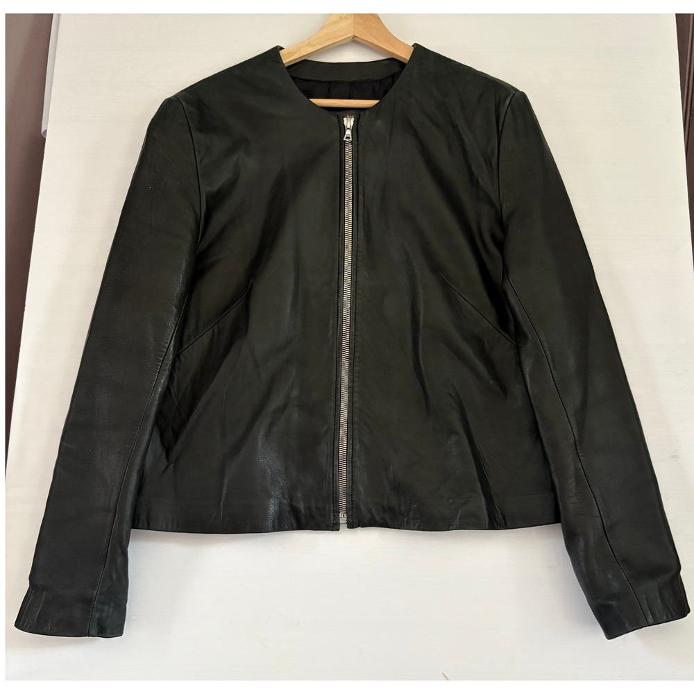Vintage Banana Republic Womens Black‎ Leather Collarless Zip Up Lined